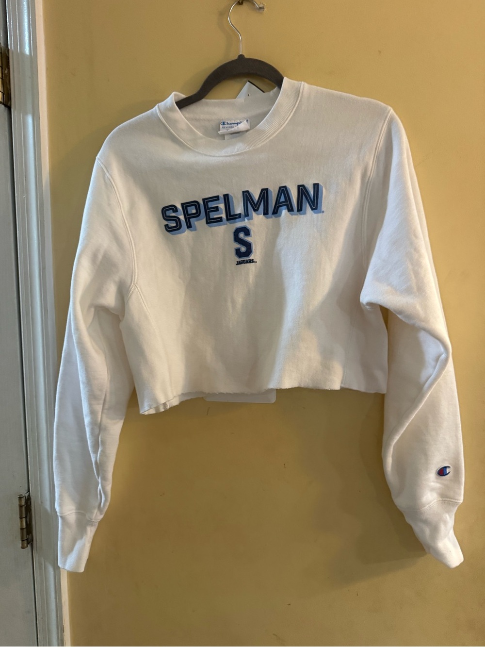 Champion Spelman Cropped Crewneck Sweatshirt - White with Blue Logo, XS